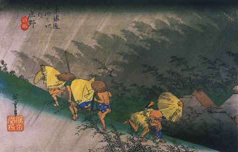 Hiroshige,Travellers surprised by sudden rain