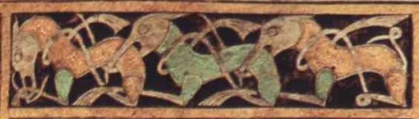 Detail of Biting Animals. Here you can see a row of dog-like or four legged animals; each animal is biting the hind quarters of the animal in front. The legs of each animal become a narrow band that interweaves itself around the body of the animal. 