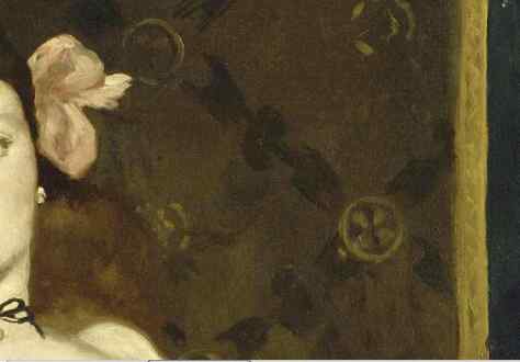 Detail of Olympia ; Brushwork. Manet was heavily criticised for his loose gestural brushstrokes - here you can see how quick and freely he painted the pattern on the drape