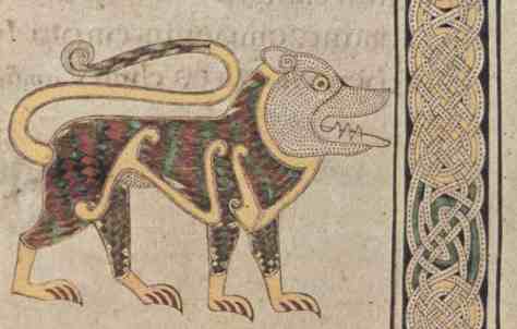 Detail of Lion from the Book  of Durrow. It is believed by Art Historians that the lion is influenced by art from the Picts in Scotland. In this detail you can see the use of dots in the face of the Lion and in the interlace pattern. 