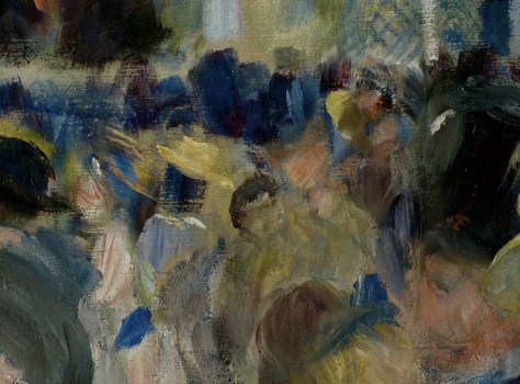 In the background Renoir works very loosely depicting individual figures with just a few brush stokes. We can make out the shapes of hats and dresses but very little else of details. There are barely faces to be seen and no features on the faces. 