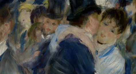 In the middle ground Renoir begins to paint in broader strokes where details become lost - the eyes are reduced to being slits, the hands of the woman are painted so loosely the individual fingers are obliterated. Compare this to the foreground details above.